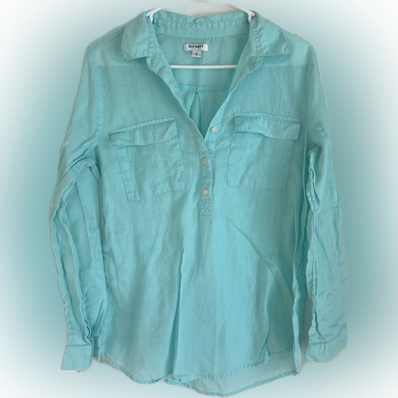 Old Navy Tops - Old Navy Linen Blend Button Front Utility Shirt Aqua Blue Size M